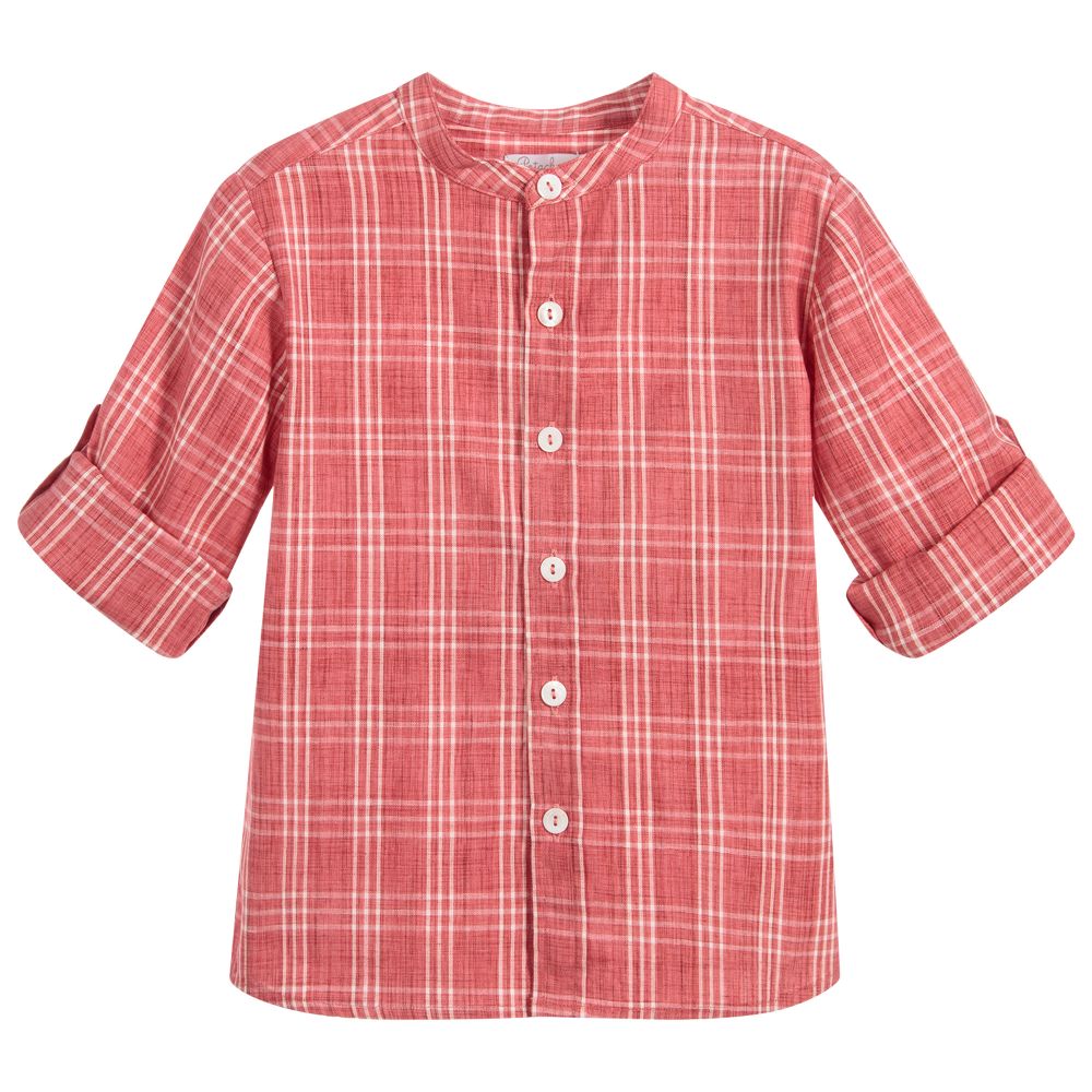 Patachou-قميص كتّان كاروهات لون أحمر مرجاني للأولاد | Childrensalon Outlet