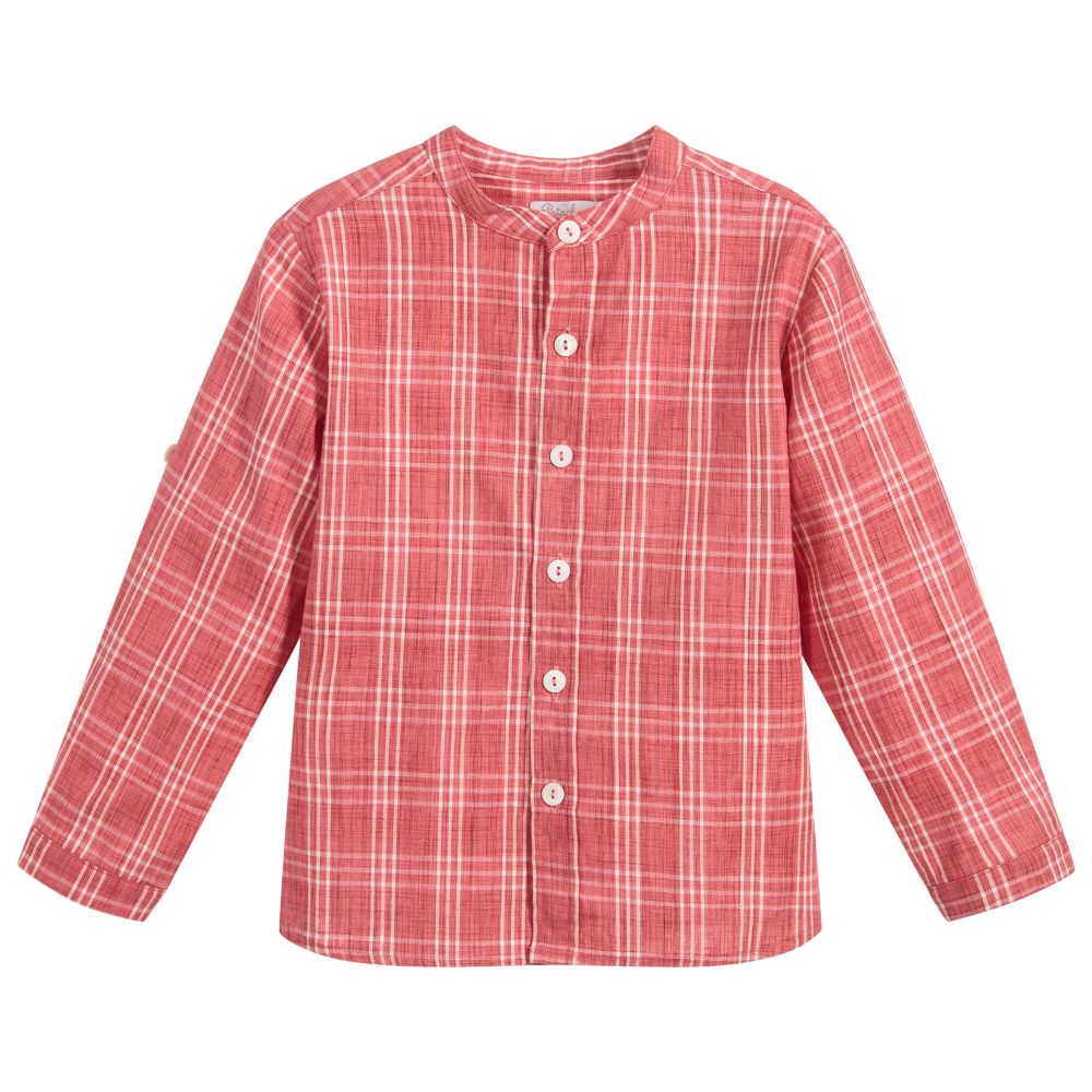 Patachou - قميص كتّان كاروهات لون أحمر مرجاني للأولاد | Childrensalon