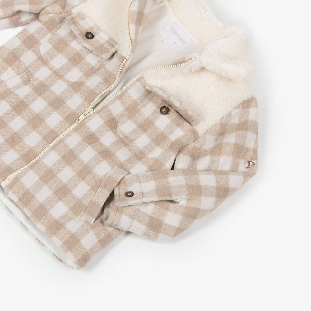 Patachou-Boys Beige & Ivory Check Wool Jacket with Teddy Fleece Trim | Childrensalon Outlet
