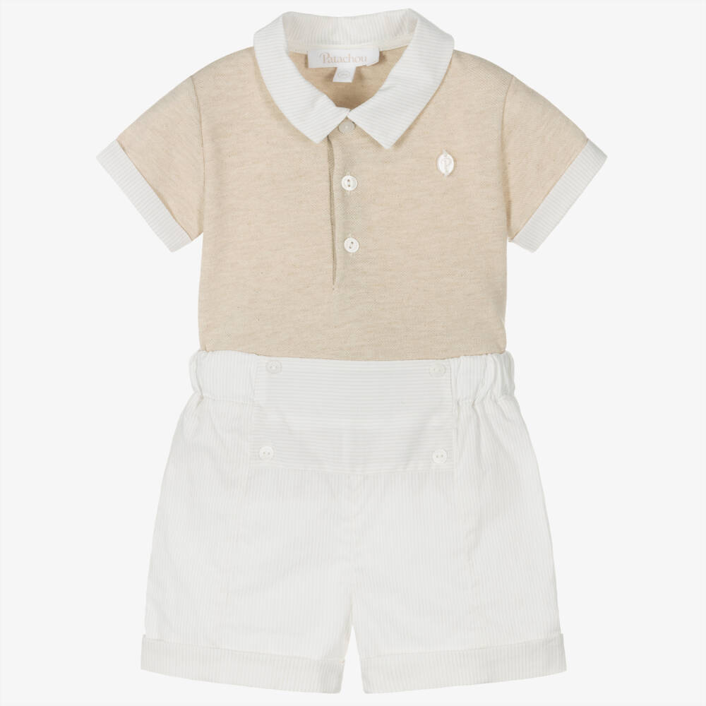 Patachou-طقم قطني مخطط باللون البيج للأولاد | Childrensalon Outlet