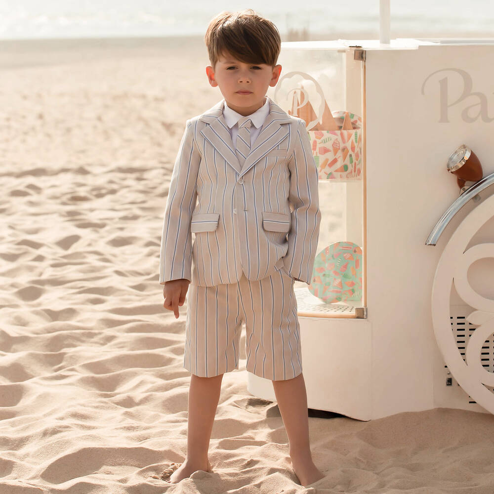 Patachou-Boys Beige Striped Shorts Suit | Childrensalon Outlet
