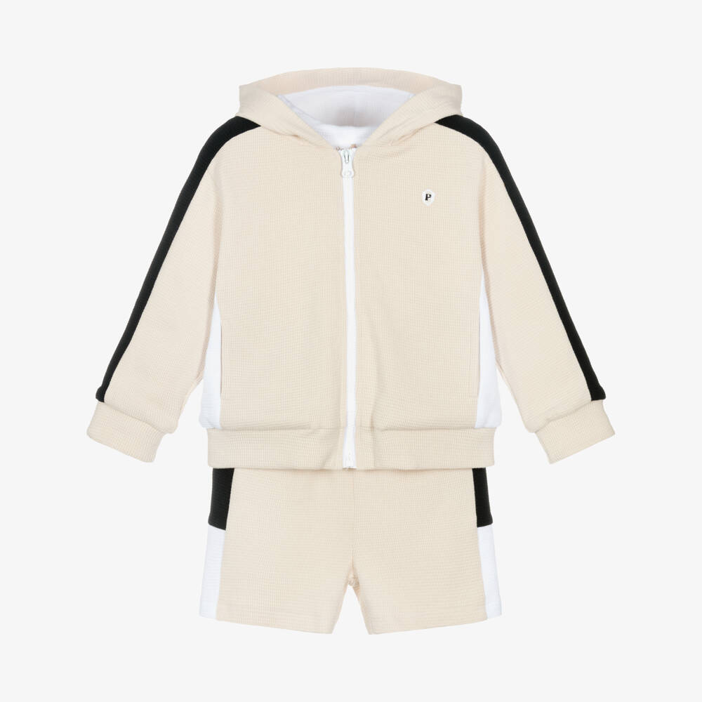 Patachou-Boys Beige Waffle Cotton Jersey Hoodie Shorts Set | Childrensalon Outlet