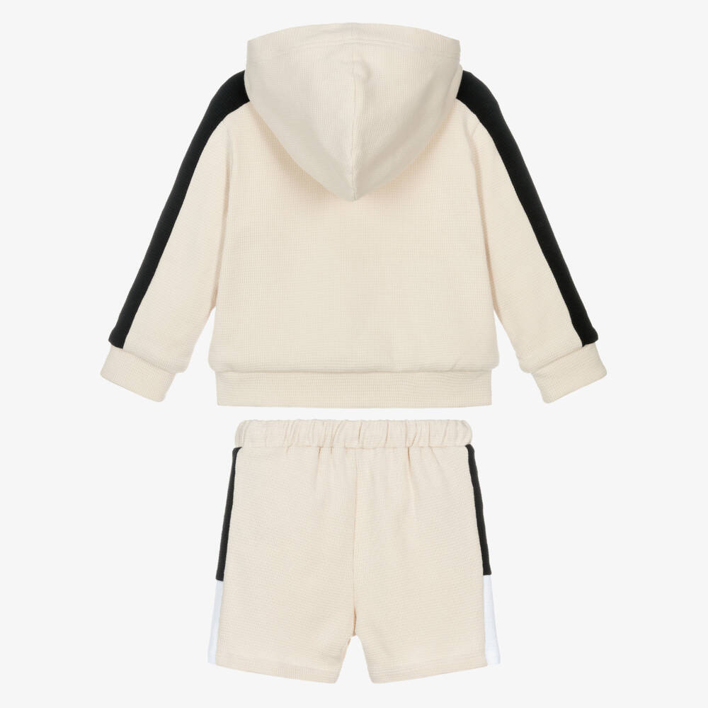 Patachou-Boys Beige Waffle Cotton Jersey Hoodie Shorts Set | Childrensalon Outlet