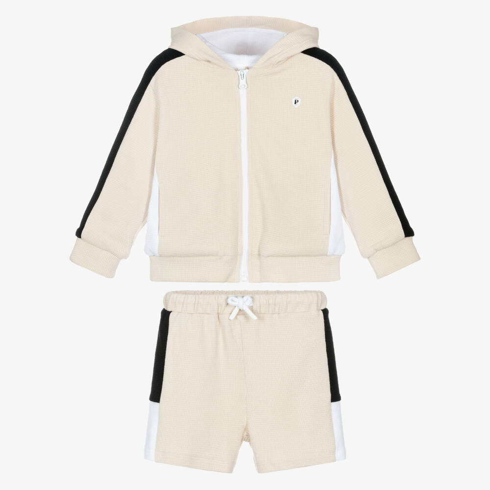 Patachou-Boys Beige Waffle Cotton Jersey Hoodie Shorts Set | Childrensalon Outlet