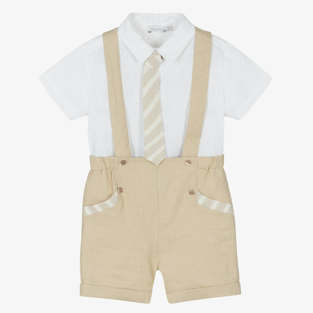 Patachou - Boys Beige & White Linen Shorts Set | Childrensalon