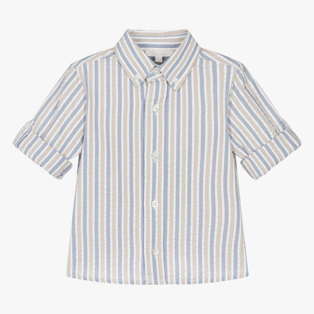 Patachou-Boys Blue & Beige Striped Cotton Shirt | Childrensalon Outlet