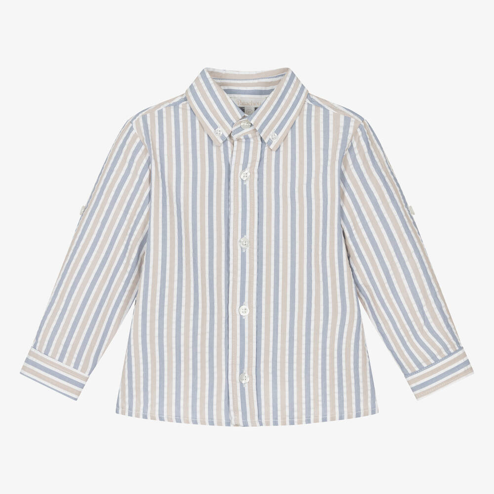 Patachou-Boys Blue & Beige Striped Cotton Shirt | Childrensalon Outlet