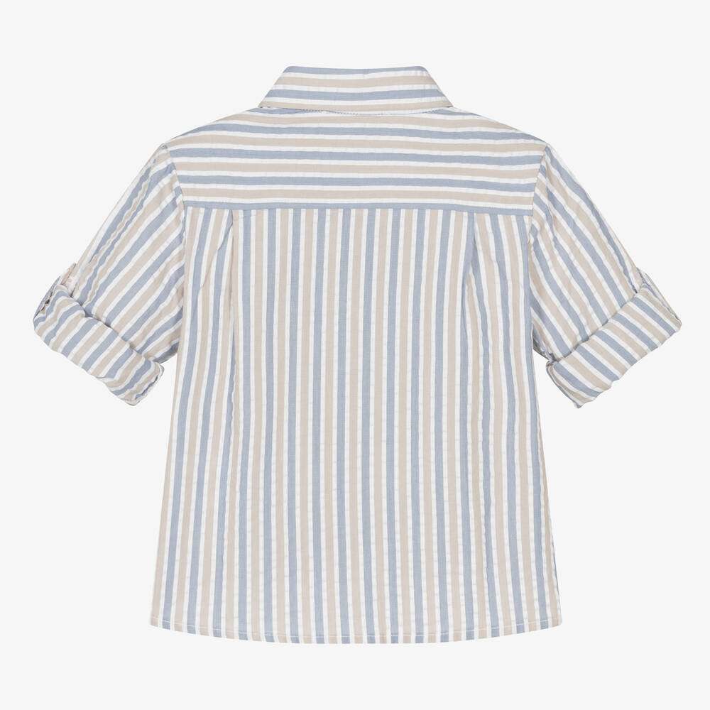Patachou-Boys Blue & Beige Striped Cotton Shirt | Childrensalon Outlet