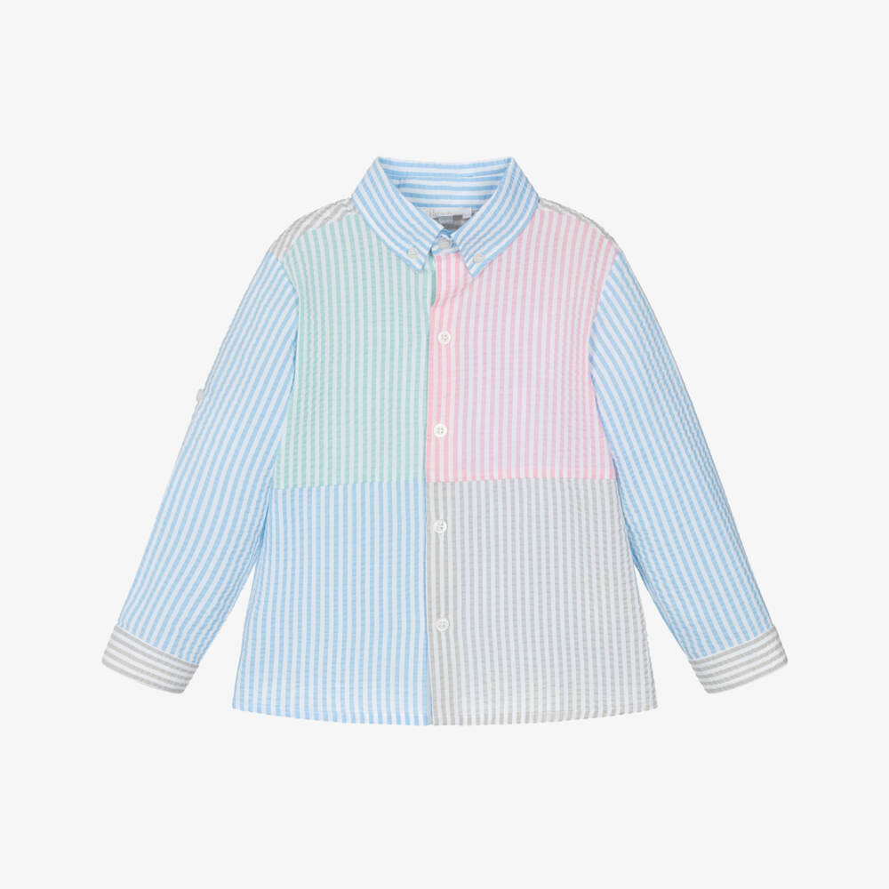 Patachou-Boys Blue & Colourful Colourblock Stripe Seersucker Shirt | Childrensalon Outlet