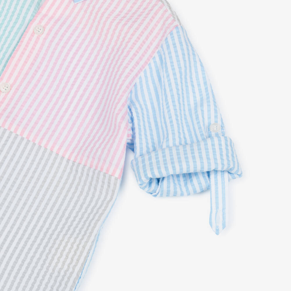 Patachou-Boys Blue & Colourful Colourblock Stripe Seersucker Shirt | Childrensalon Outlet