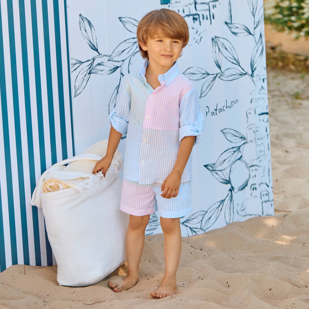 Patachou-Boys Blue & Colourful Colourblock Stripe Seersucker Shirt | Childrensalon Outlet
