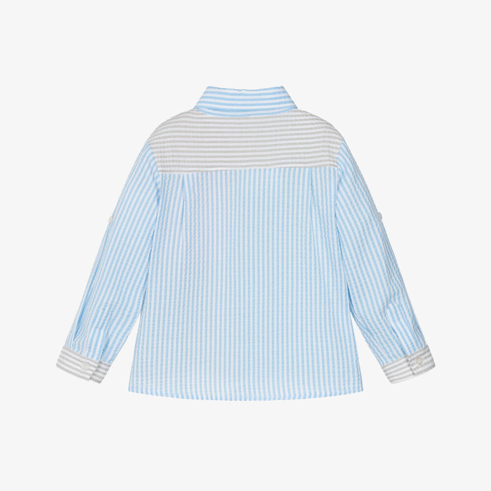 Patachou-Boys Blue & Colourful Colourblock Stripe Seersucker Shirt | Childrensalon Outlet