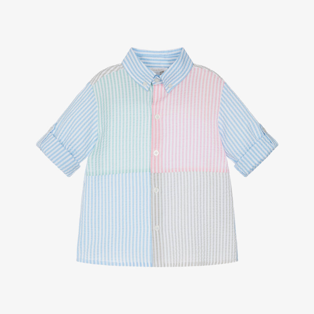 Patachou-Boys Blue & Colourful Colourblock Stripe Seersucker Shirt | Childrensalon Outlet