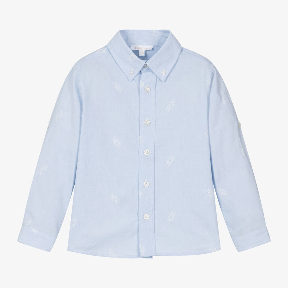 Patachou-Boys Blue Cotton Rope-Embroidered Shirt | Childrensalon Outlet
