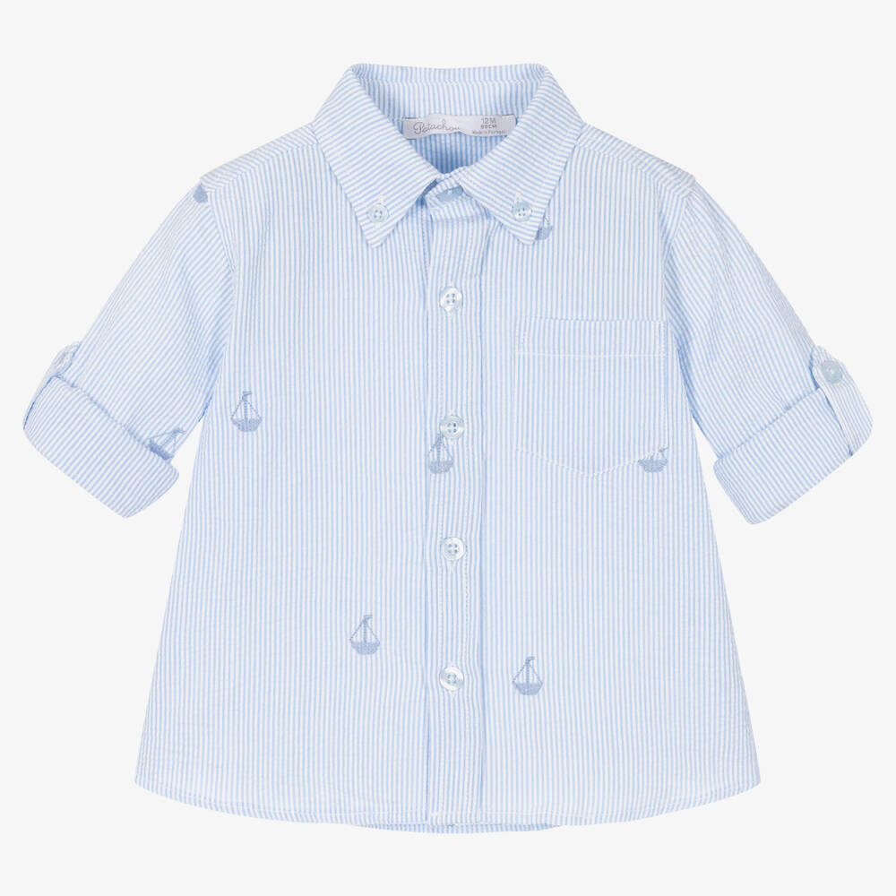 Patachou - قميص قطن سيرسوكر مقلم لون أزرق وأبيض للأولاد | Childrensalon