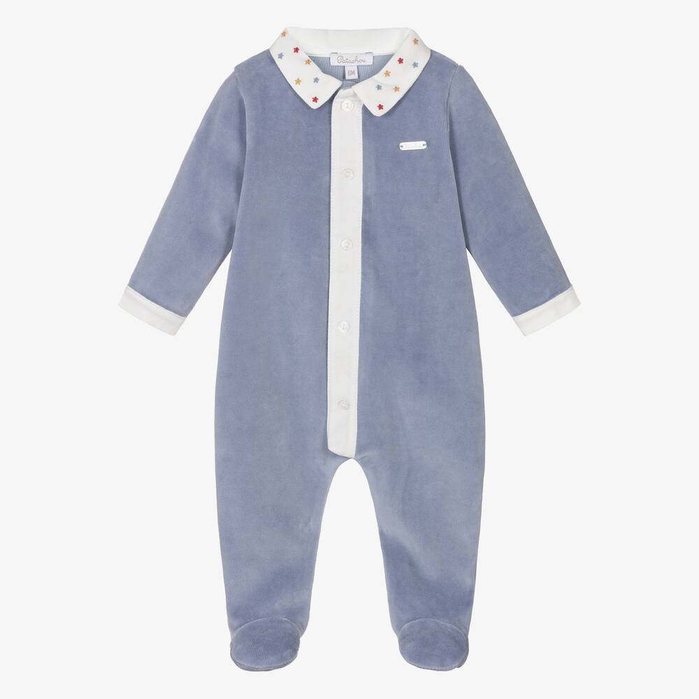 Patachou Boys Blue Cotton Velour Stars Babygrow Childrensalon