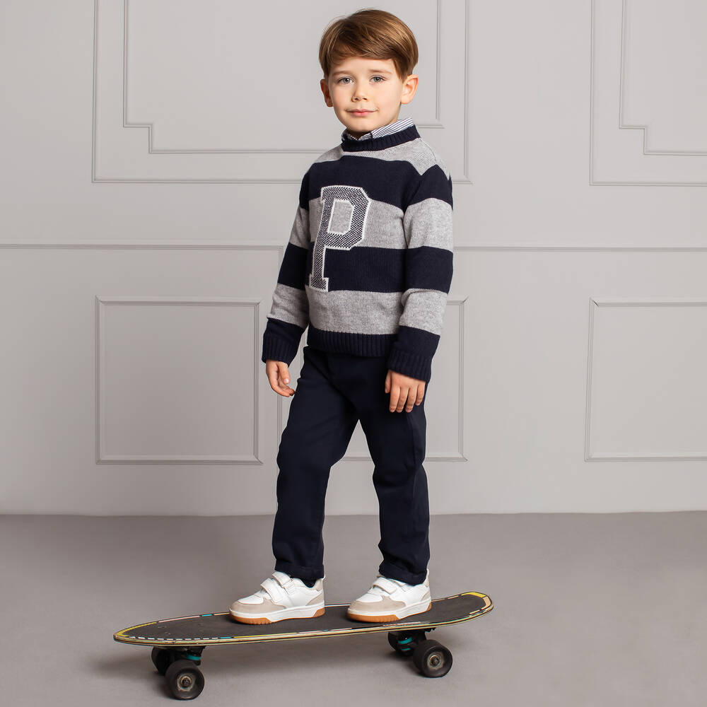 Patachou-Сине-серый шерстяной джемпер в полоску | Childrensalon Outlet