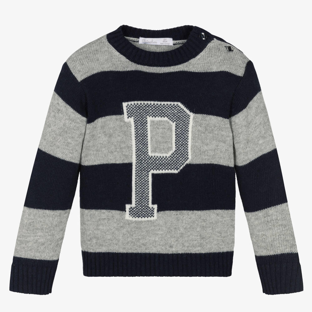 Patachou - Pull bleu et gris rayé en laine | Childrensalon