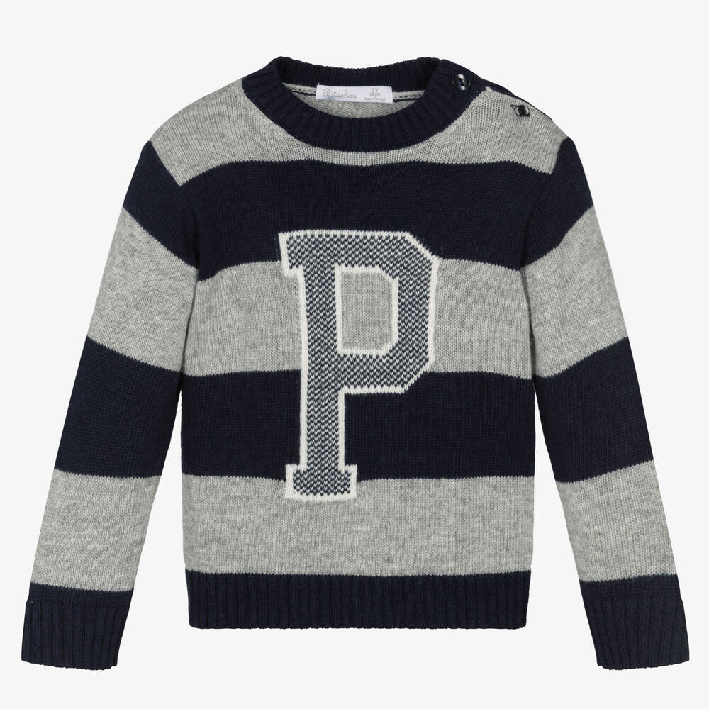 Patachou-Boys Blue & Grey Stripe Wool Jumper | Childrensalon Outlet