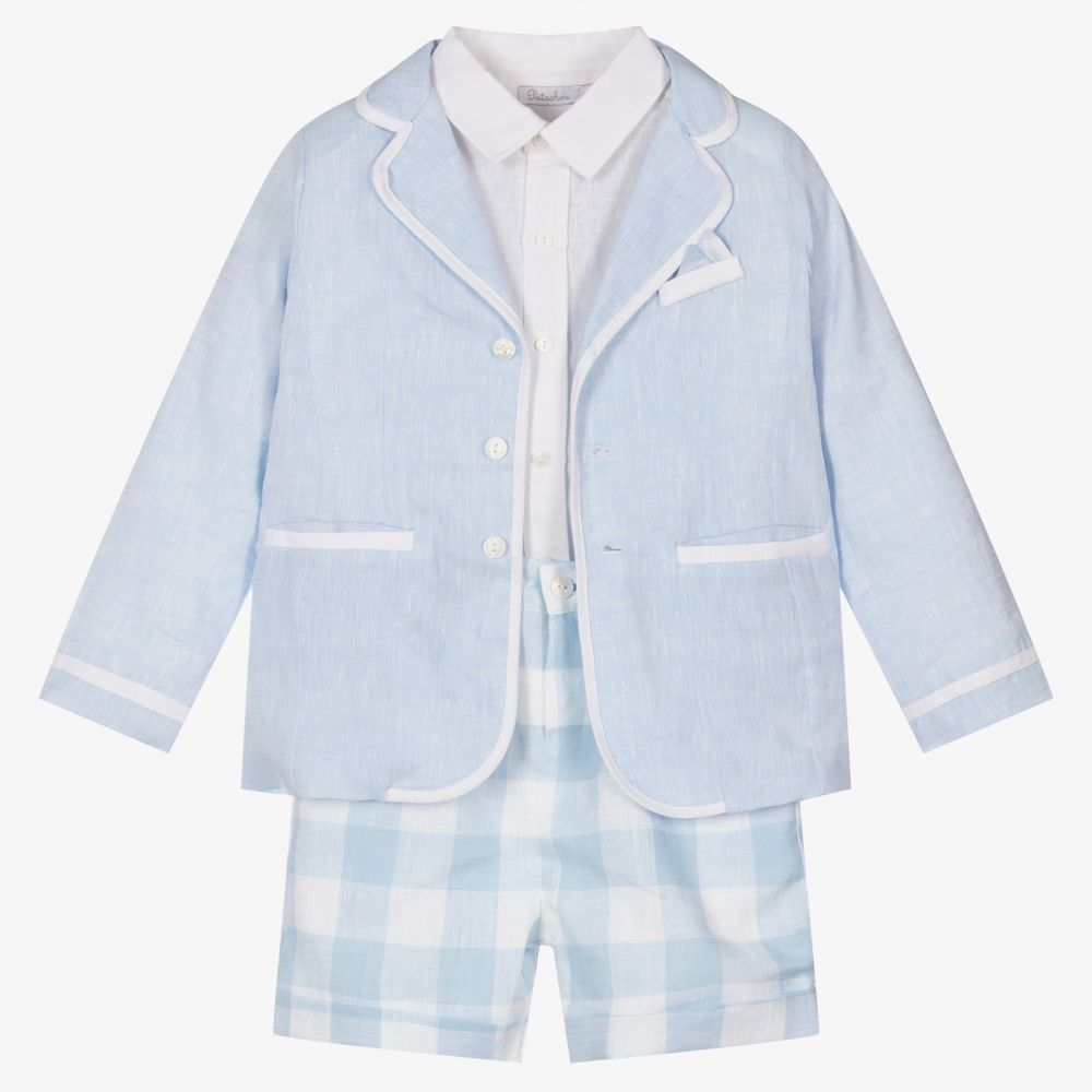 Patachou - Boys Blue Linen Shorts Suit | Childrensalon