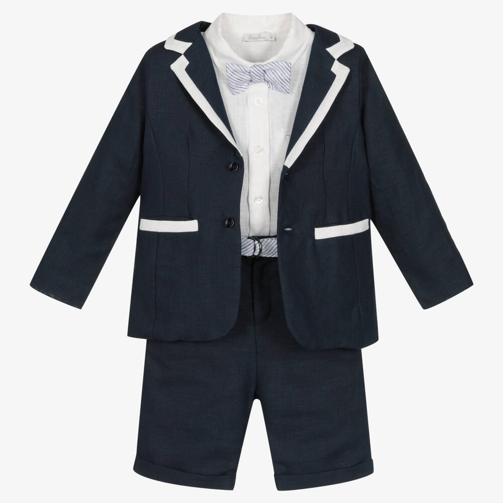 Patachou - Boys Blue Linen Shorts Suit | Childrensalon