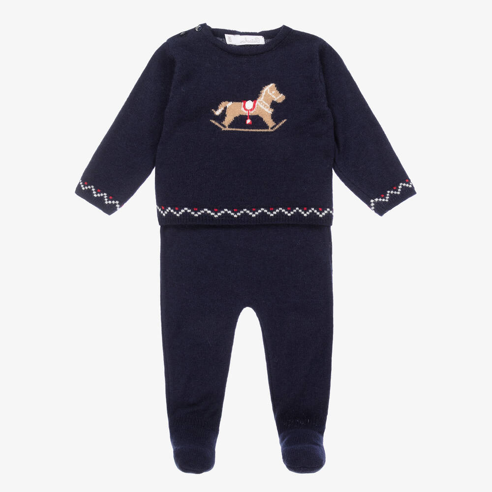 Patachou - Boys Blue Merino Wool 2 Piece Babygrow | Childrensalon