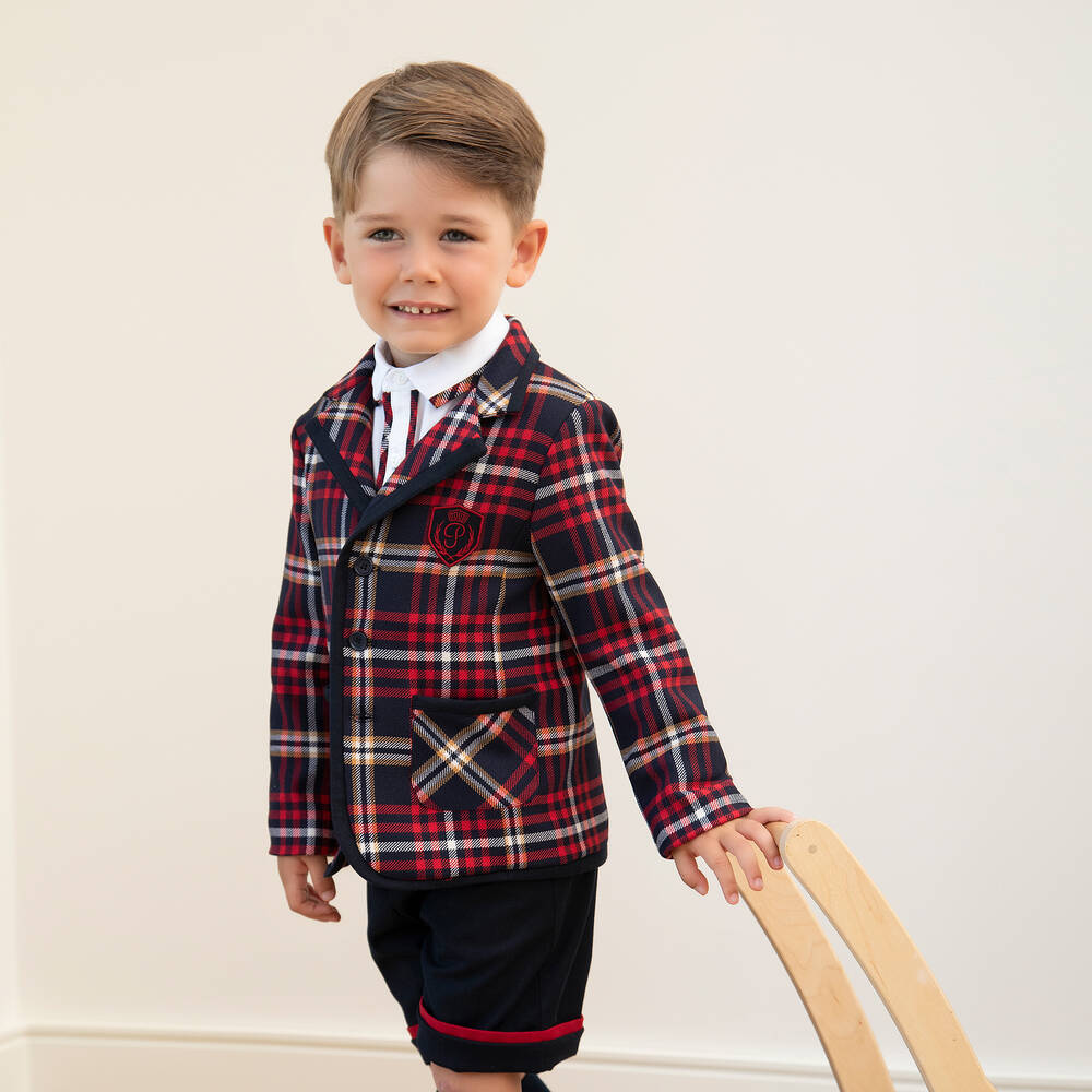 Patachou-جاكيت بلايزر مزيج صوف كاروهات لون أحمر وكحلي | Childrensalon Outlet