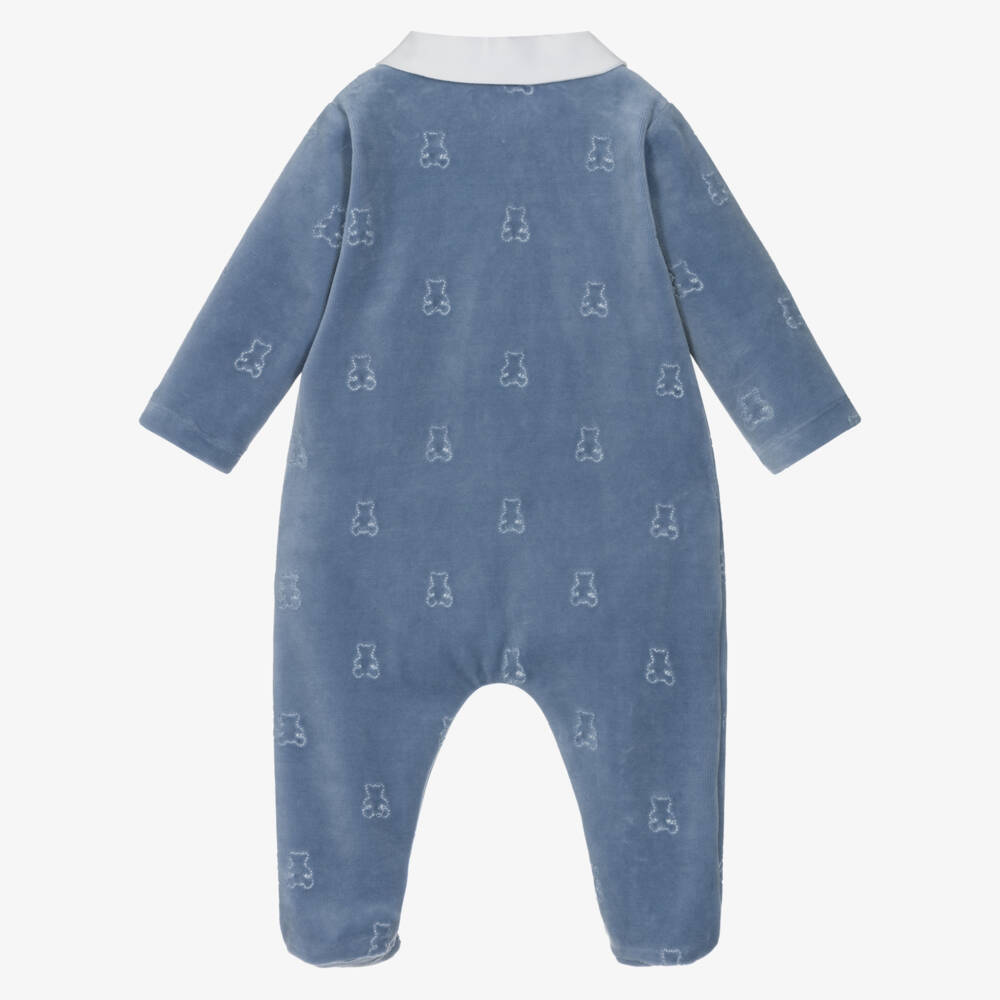 Patachou-Boys Blue Velour Babygrow with Embroidered Teddy Bears | Childrensalon Outlet