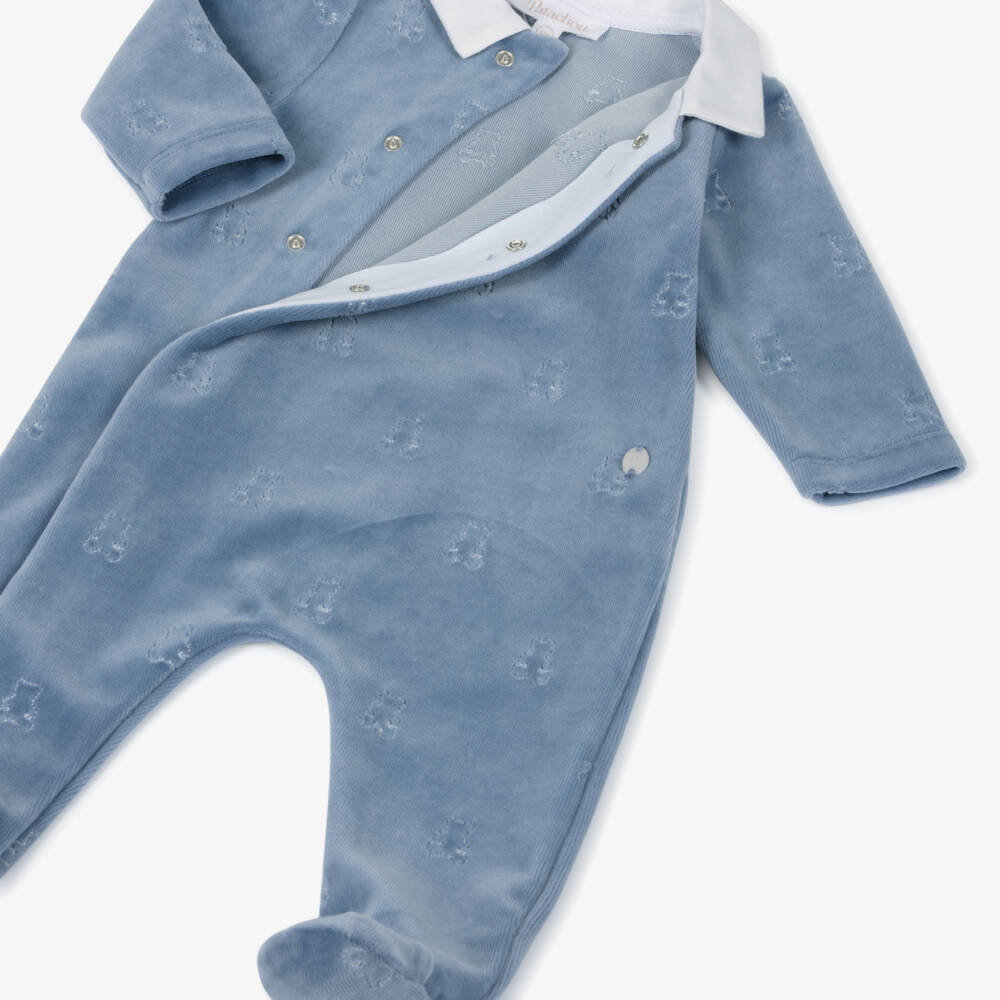 Patachou-Boys Blue Velour Babygrow with Embroidered Teddy Bears | Childrensalon Outlet