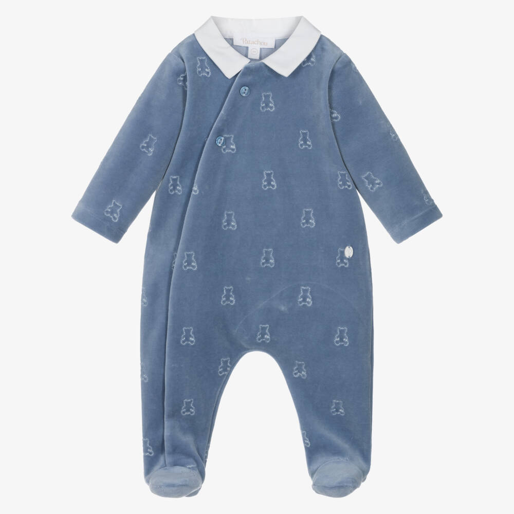 Patachou-Boys Blue Velour Babygrow with Embroidered Teddy Bears | Childrensalon Outlet