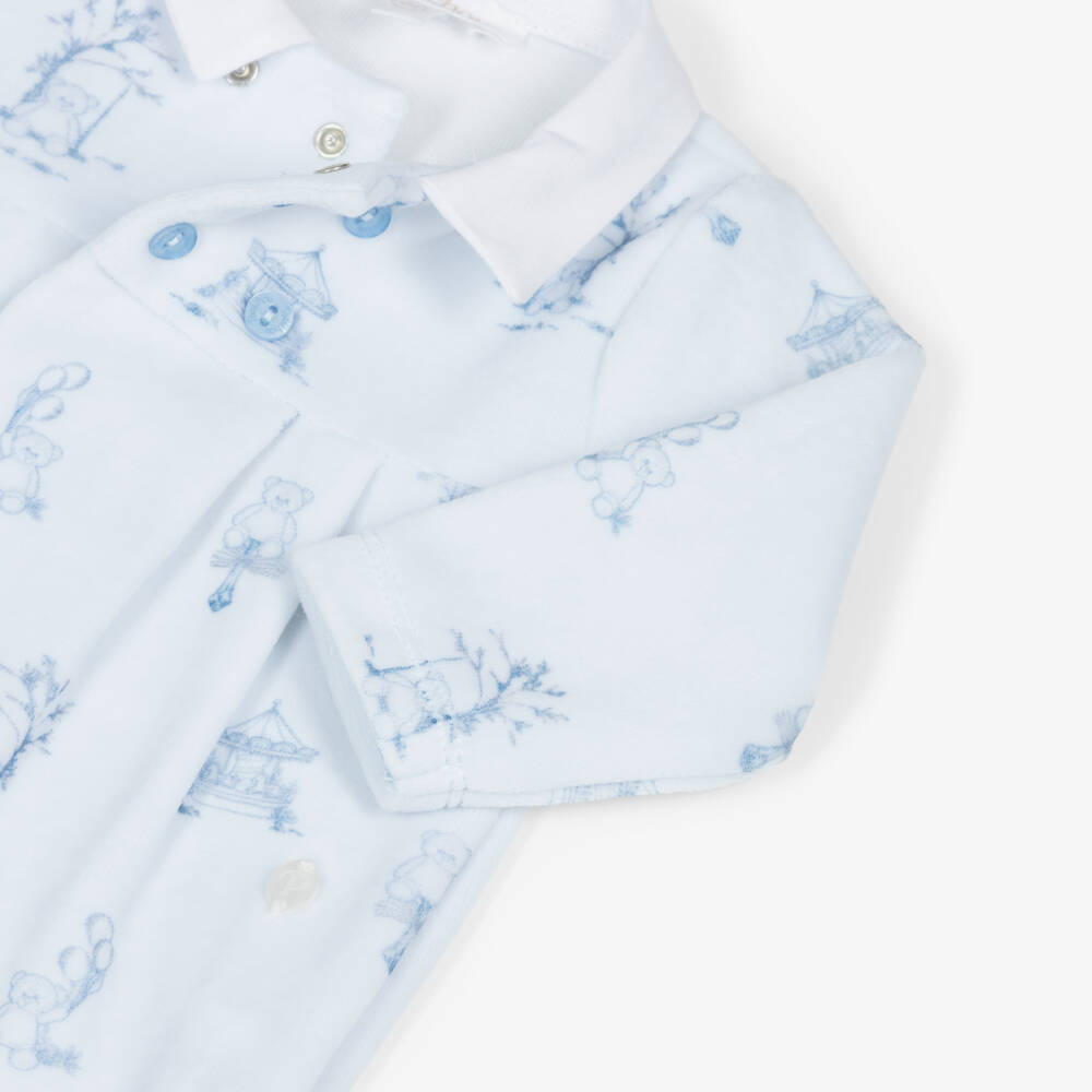 Patachou-Boys Blue Velour Teddy Bear Printed Babygrow | Childrensalon Outlet