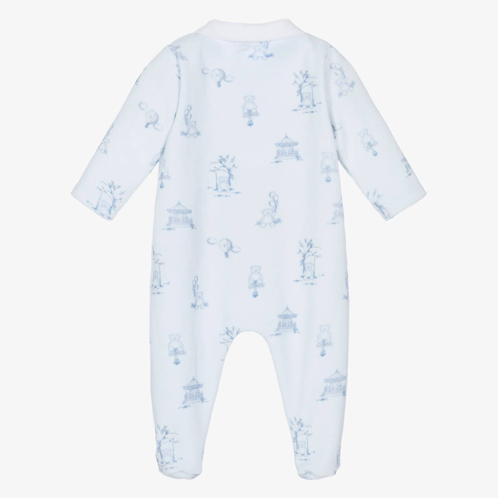 Patachou-Boys Blue Velour Teddy Bear Printed Babygrow | Childrensalon Outlet
