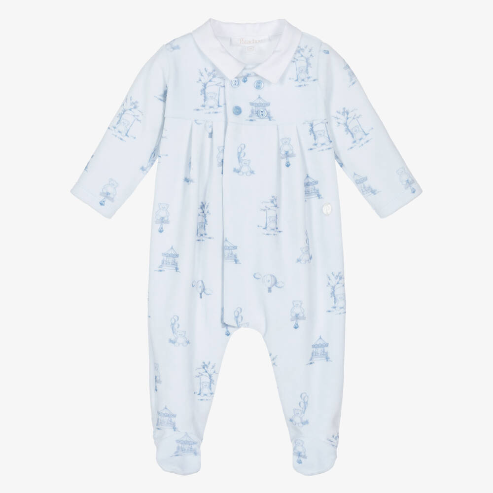 Patachou-Boys Blue Velour Teddy Bear Printed Babygrow | Childrensalon Outlet