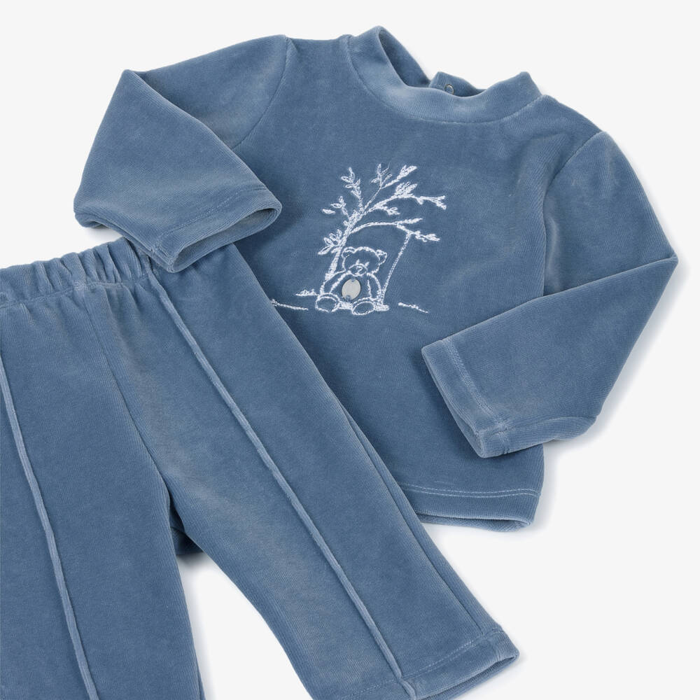Patachou-Boys Blue Velour Trouser Set with Embroidered Teddy Bear | Childrensalon Outlet