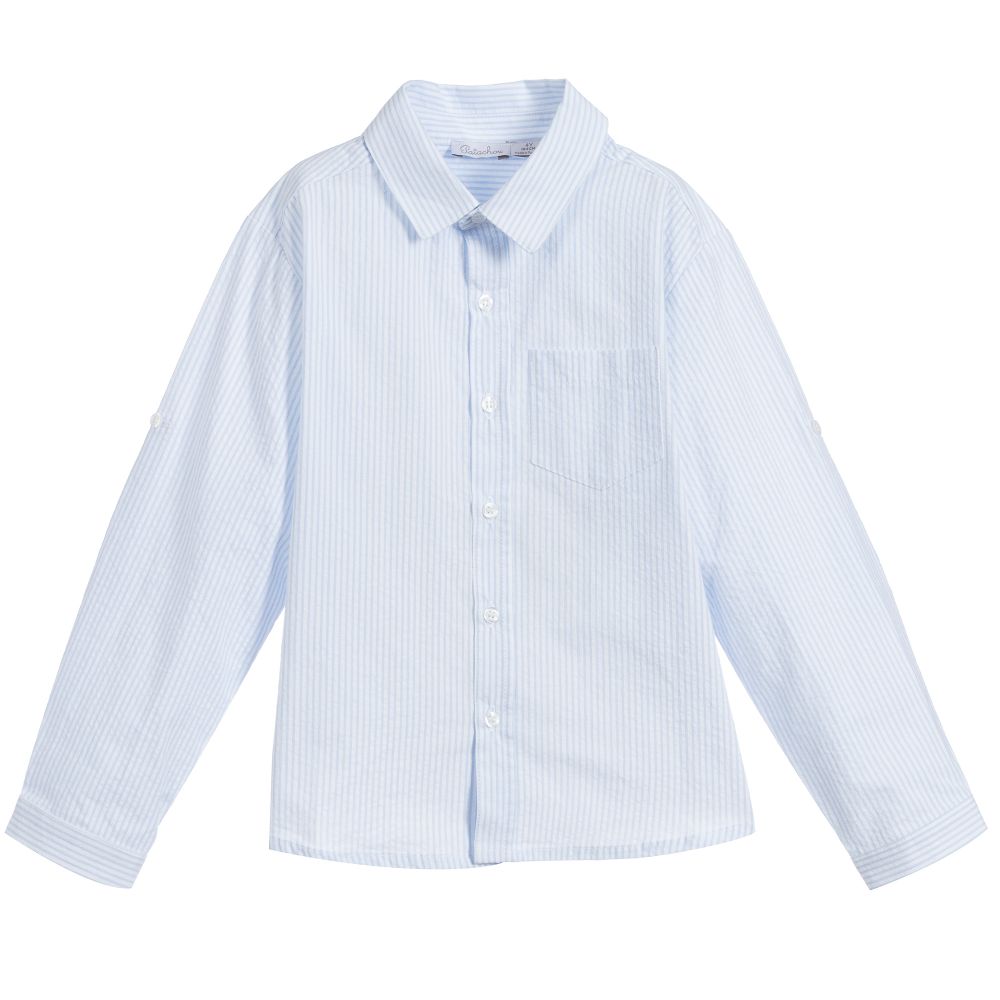 Patachou - قميص قطن لون أزرق وأبيض مقلم للأولاد | Childrensalon