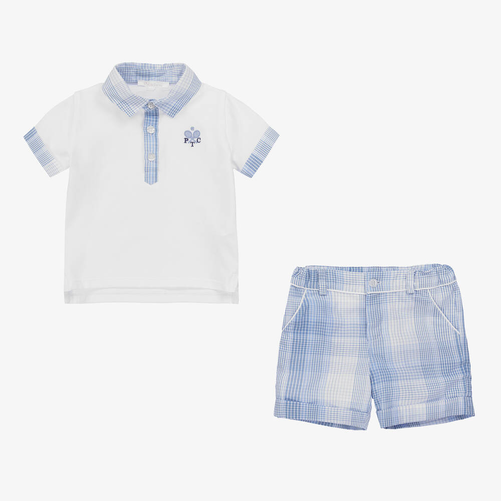 Patachou-طقم شورت قطن جيرسي لون أبيض وأزرق للأولاد | Childrensalon Outlet