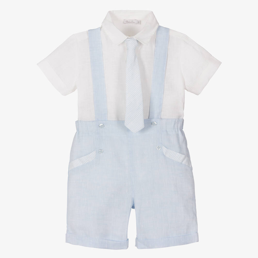 Patachou - Boys Blue & White Linen Shorts Set | Childrensalon