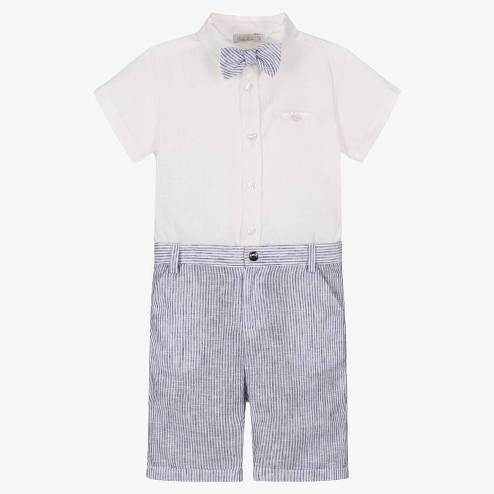 Patachou - Белая рубашка и шорты в синюю полоску из льна | Childrensalon