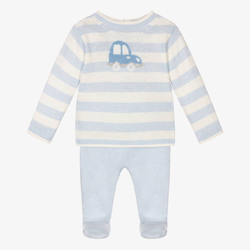 Patachou - Boys Blue Wool Knit 2 Piece Babygrow | Childrensalon