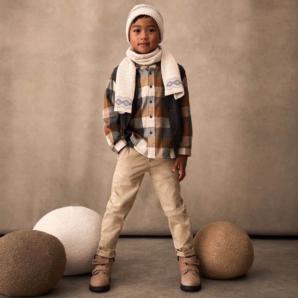 Patachou-Boys Classic Taupe Plaid Shirt | Childrensalon Outlet