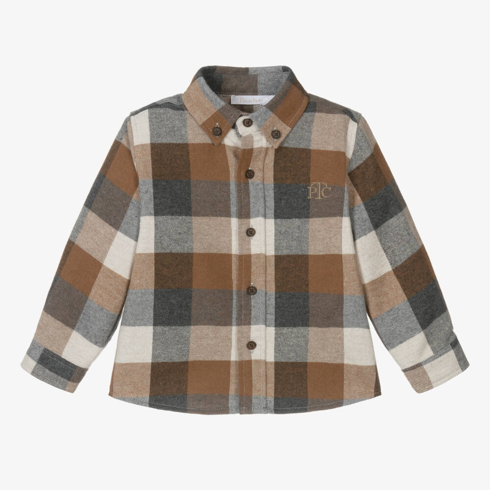 Patachou-Boys Classic Taupe Plaid Shirt | Childrensalon Outlet