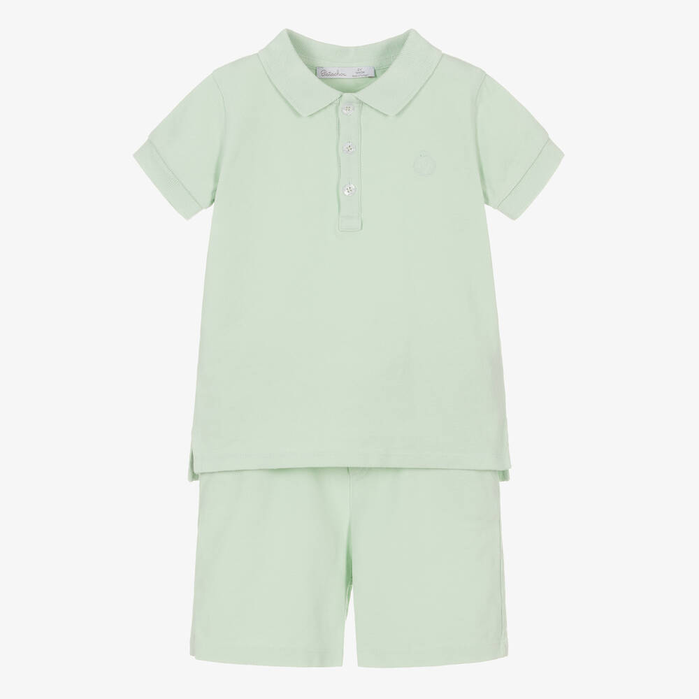 Patachou - Boys Green Cotton Piqué Polo Shorts Set | Childrensalon