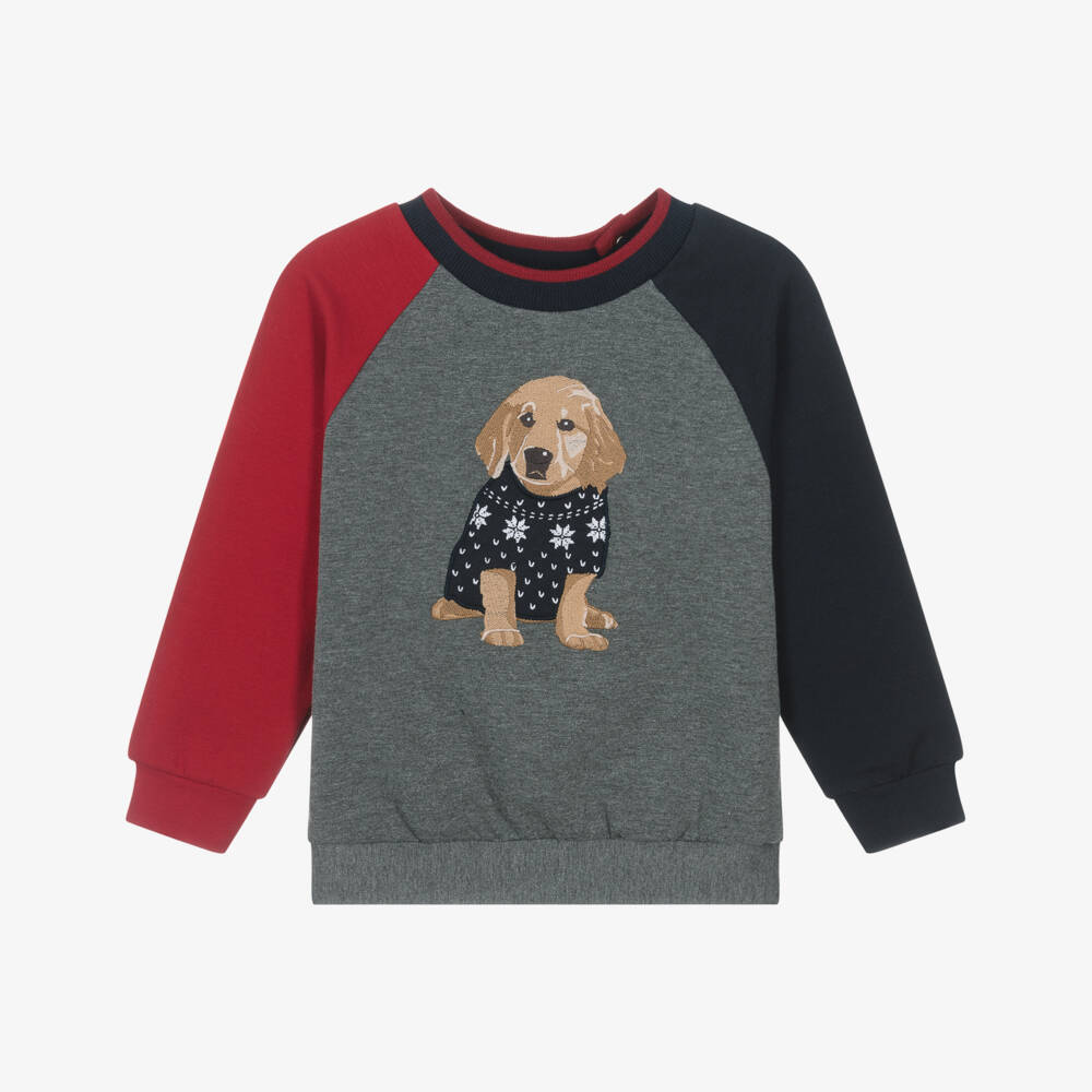 Patachou-Boys Grey Cotton Sweatshirt with Embroidered Puppy | Childrensalon Outlet