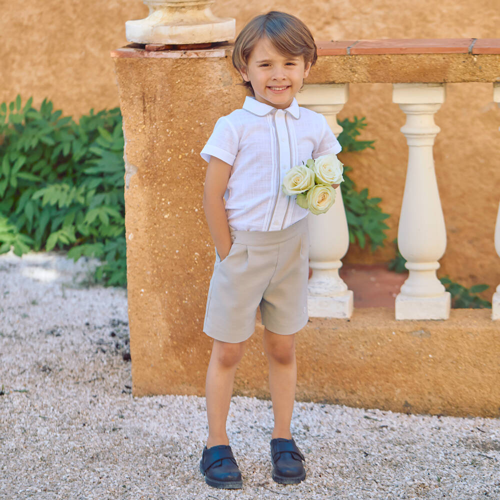 Patachou-Boys Ivory Shirt & Beige Twill Shorts Set | Childrensalon Outlet