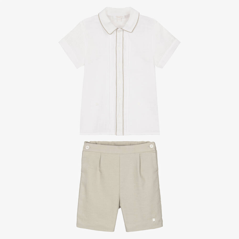 Patachou-Boys Ivory Shirt & Beige Twill Shorts Set | Childrensalon Outlet
