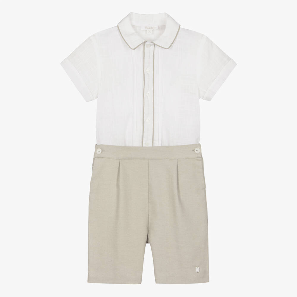 Patachou-Boys Ivory Shirt & Beige Twill Shorts Set | Childrensalon Outlet