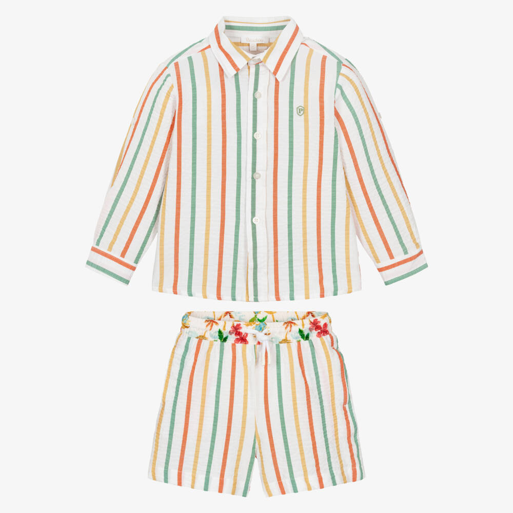 Patachou-Boys Ivory Striped Cotton Seersucker Shorts Set | Childrensalon Outlet