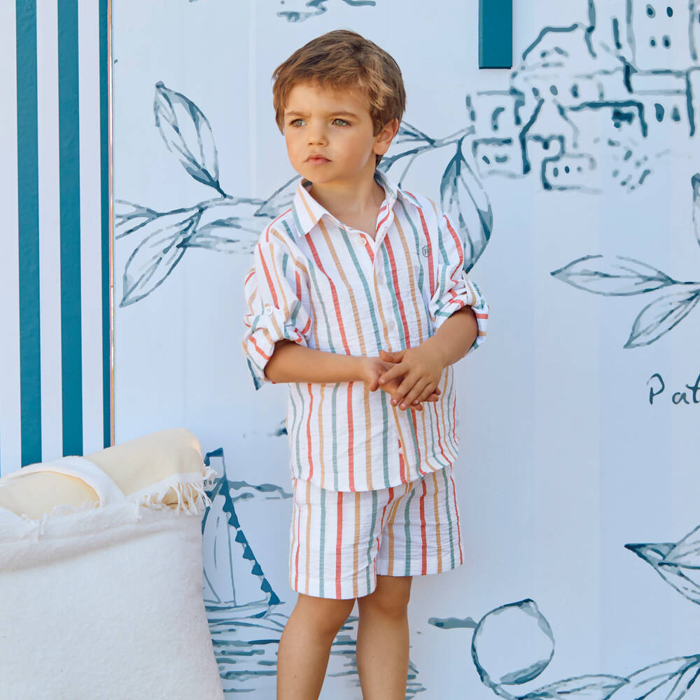 Patachou-Boys Ivory Striped Cotton Seersucker Shorts Set | Childrensalon Outlet
