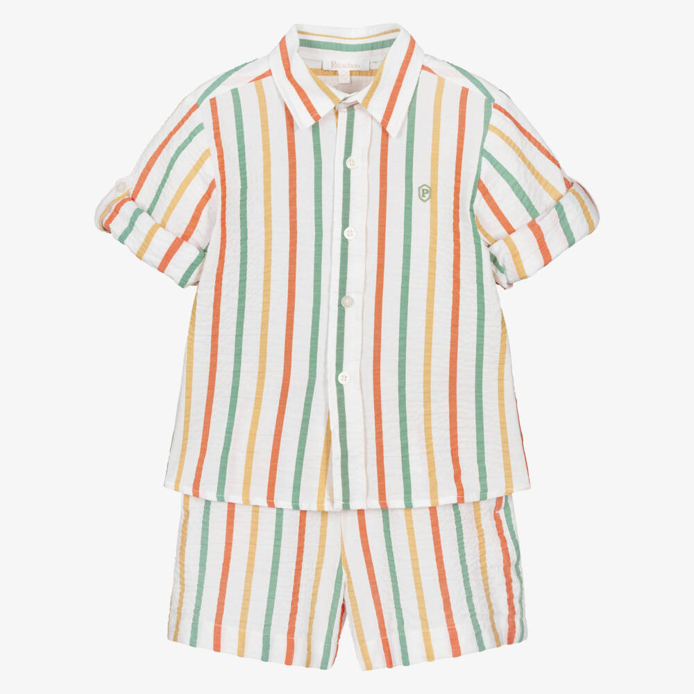 Patachou-Boys Ivory Striped Cotton Seersucker Shorts Set | Childrensalon Outlet