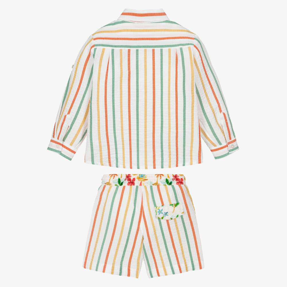 Patachou-Boys Ivory Striped Cotton Seersucker Shorts Set | Childrensalon Outlet